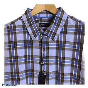 QUIETI Performance Mens XL Blue Brown Plaid Shirt Wicking Stretch No Iron $115